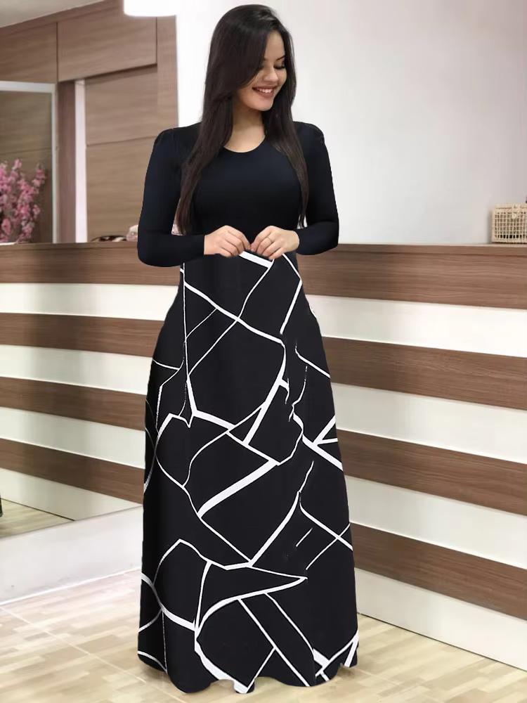 Elegant Black White Simple Print Mid-Stretch Dress Stylish Elasticity Alluring Skirt for Women