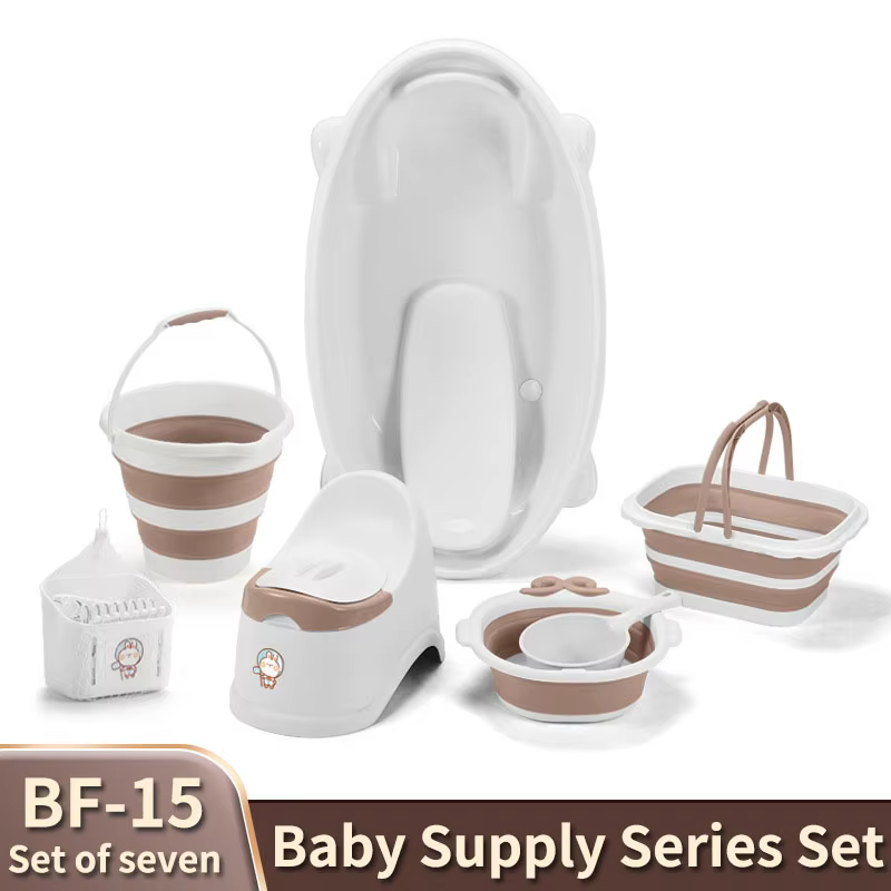 7-Piece Baby Bath Set: Thickened Plastic, Foldable, Includes Stool, Scoop, Bath Tub, and Clothespins for Baby Bath Time