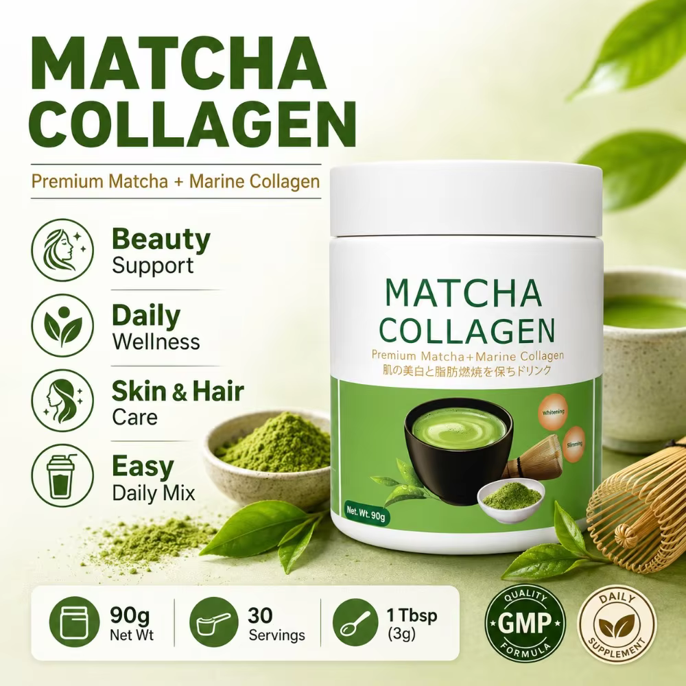 Matcha Collagen Powder with Marine Collagen Organic Green Tea Drink Mix Daily Beauty Wellness Support Gluten Free 30 Servings