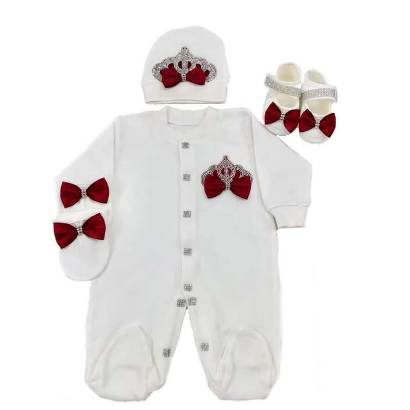 Newborn Baby Footed Romper 0-9 Months 4Pcs Off White Burgundy Silver Rhinestone Crown Bow Long Sleeve Jumpsuit Royal Boutique