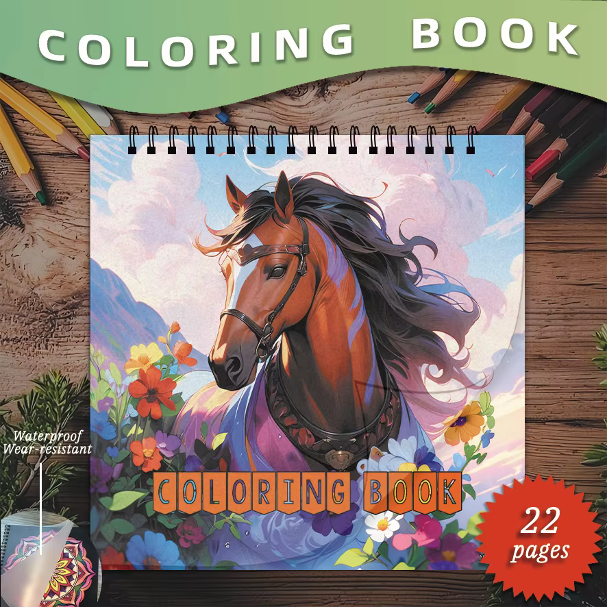 Horse in Floral Field Coloring Book - 8.27×8.27 Inches, 22 Pages. Perfect for Nature Lovers' Relaxation