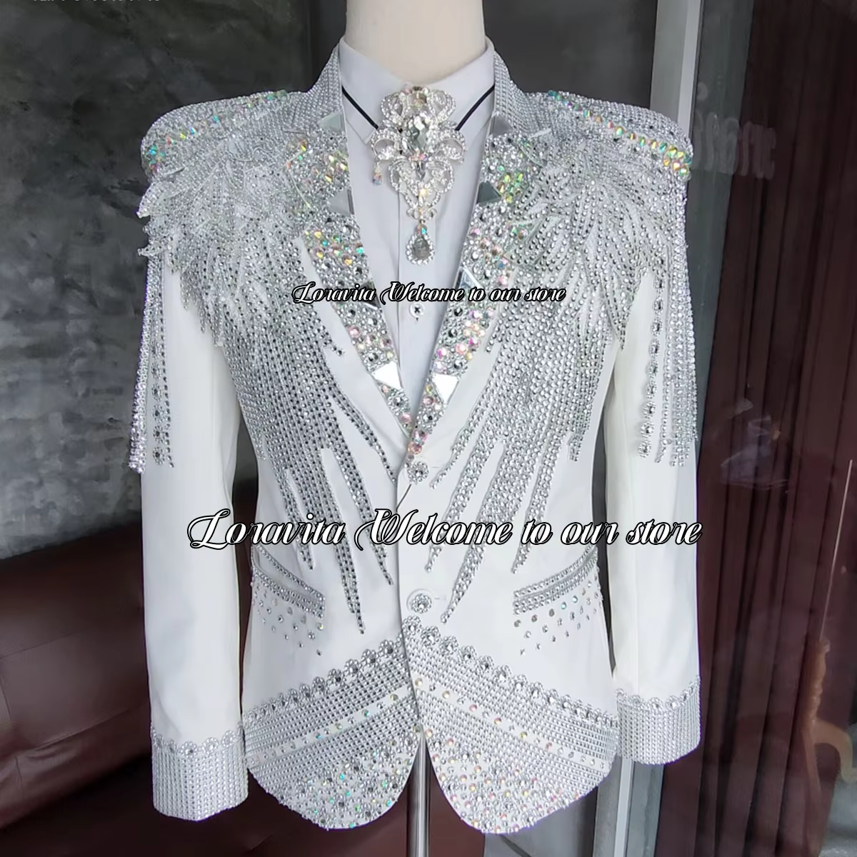 Luxury Sparkle Gem Male Prom Party Blazers 2 Pieces Sets Slim Fit Costume Homme Customized Men Suits For Wedding Groom Tuxedos
