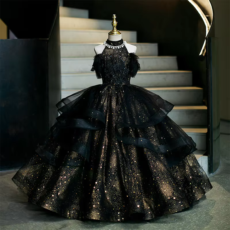 Kids Girls Black Birthday Party Dress Children Puffy Tulle Princess Gown for Host Piano Performance Fashion Show Pageant Dresses