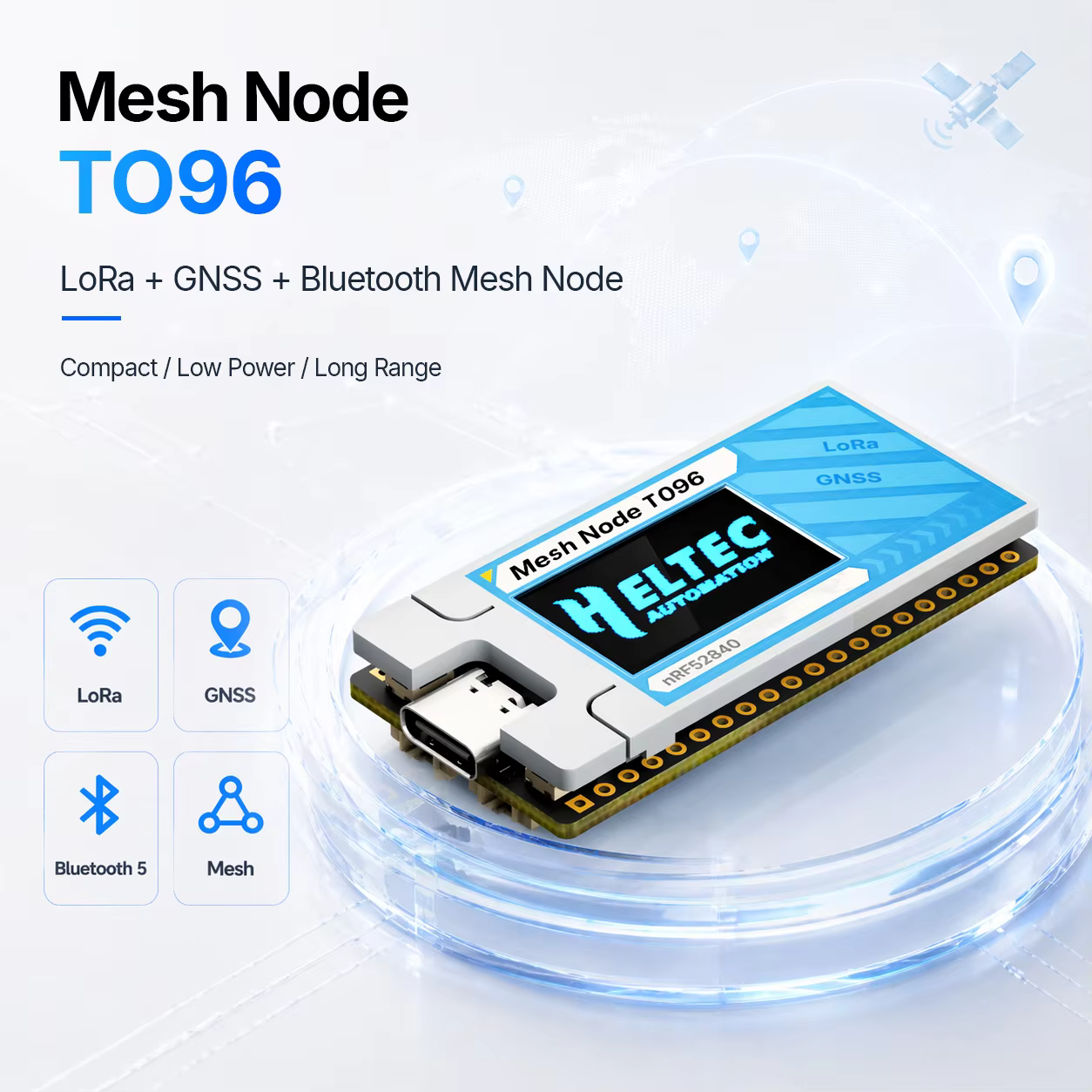 Heltec Tracker Mesh Node T096 nRF52840 SX1262 LoRa Chip Ultra-low Power BLE GNSS 28±1dBm Meshtastic MeshCore Global Positioning