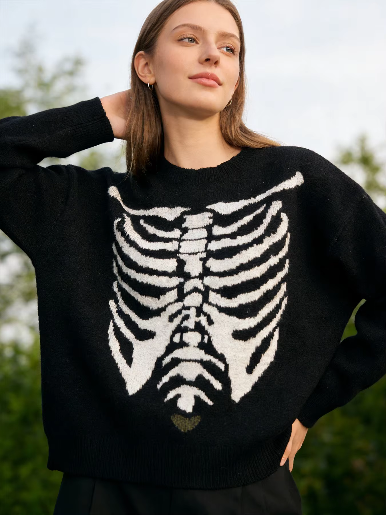 Women's Black Skeleton Ribcage Knit Sweater Casual Oversized Crew Neck Halloween Pullover