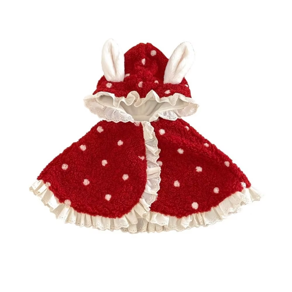 Durable Warm Baby Hooded Cloak Fleece 0-1 Years Girls Winter Cape Lace Rabbit Ears Newborn Coat
