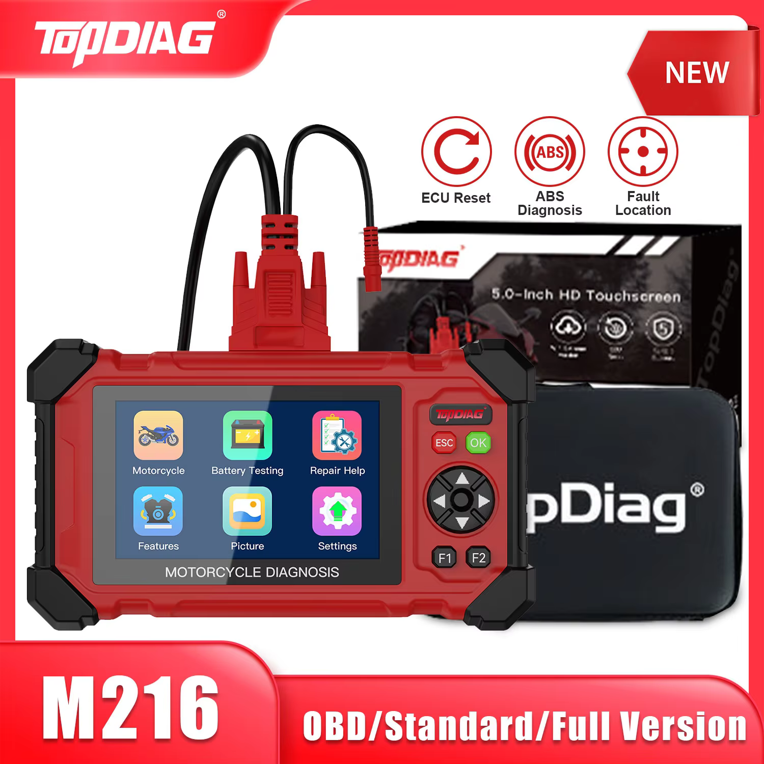 Topdiag M216 OBDII Motorcycle Diagnostic Tool For BMW/Yamaha/KTM/SUZUKI Support EURO5 Read Clean Fault Code Injector ABS Test