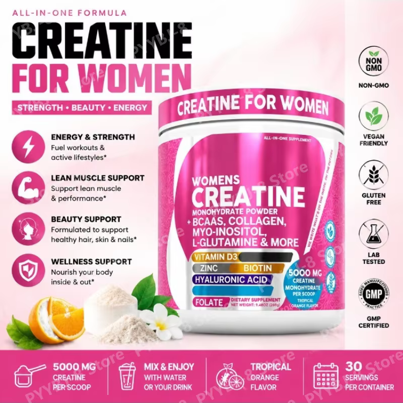 Women's Creatine Monohydrate Powder – BCAA Multi-Collagen Biotin & Vitamin D3 30 Servings Tropical Orange Nutritional Support