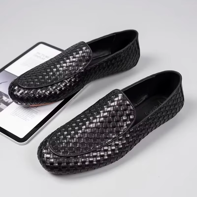 Super Comfortable Soft-surface Breathable Woven Casual Shoes For Men Sheep Lining Cow Leather Pad Slip-on Loafers