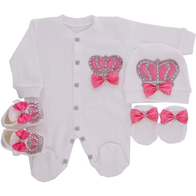 Newborn Baby Footed Romper 0-9 Months 4Pcs Off Watermelon Pink Silver Rhinestone Crown Bow Long Sleeve Jumpsuit Princess Gift