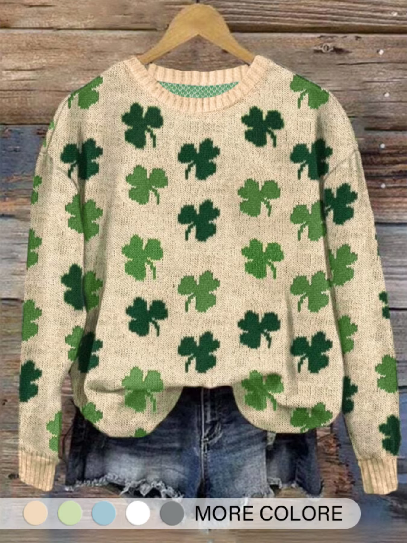 Women's Multi-Color Clover Print Knit Sweater Crew Neck Oversized Casual St. Patrick's Day Pullover