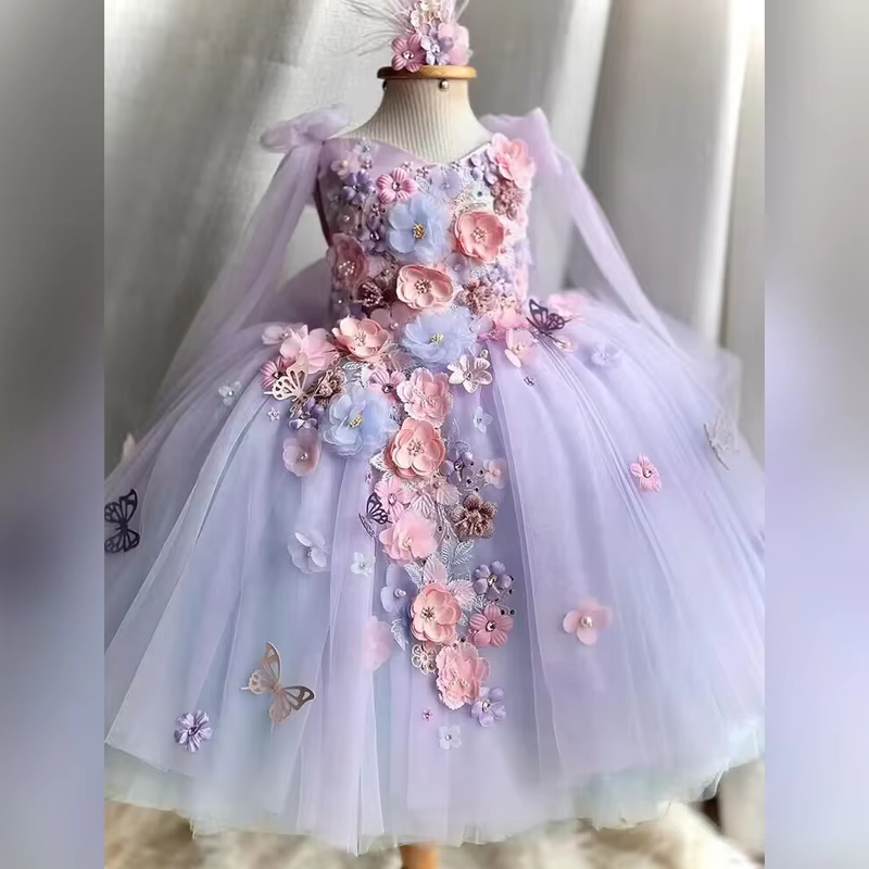 2026New Girl's Lolita Skirt 1-12 Year Old Flower Pearl Lace Fluffy Skirt Carnival Birthday Party Performance Costume Sling Dress