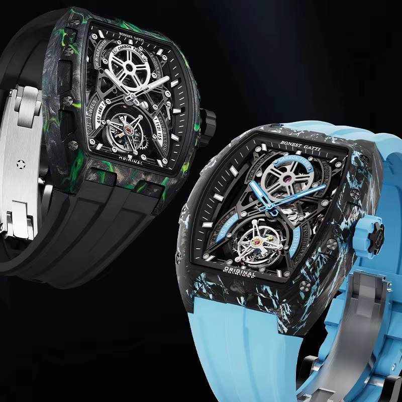 BONEST GATTI Automatic Watch Real Tourbillon Tonneau Mechanical Wristwatch Carbon Fiber Case Rubber Strap Watches For Men