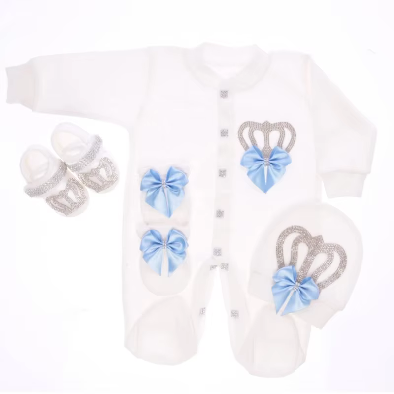Baby Shower Gift Newborn 0-9 Months 4Pcs Footed Romper Off White Light Blue Silver Crown Bow Royal Baby Clothes