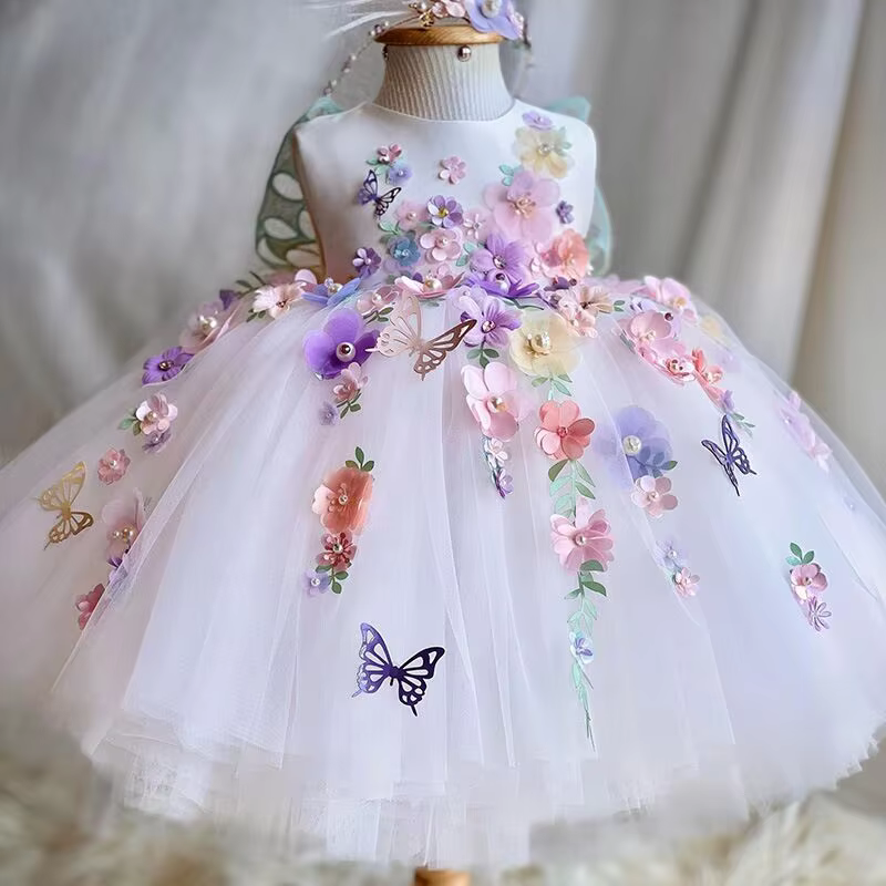 2-6-year-old children's dress butterfly wings fluffy mesh girl princess dress flower birthday party elegant girl evening dress