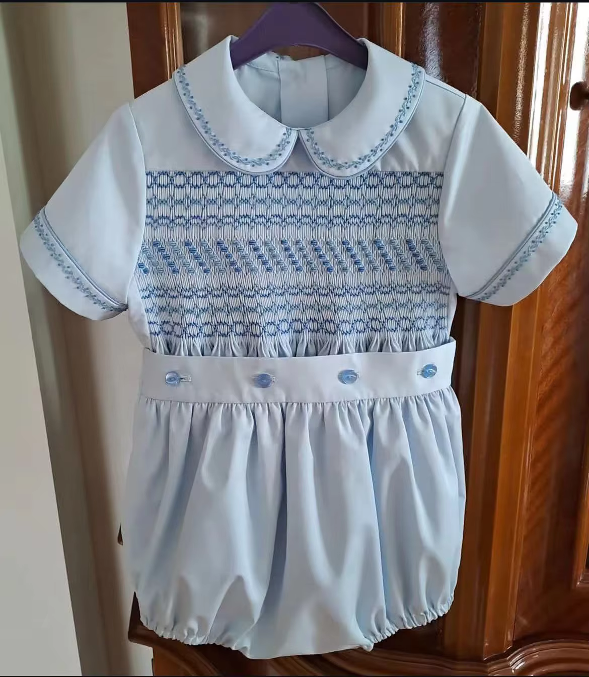 0-6Y Baby Boy Summer Light Blue Smocked Outfit Suit for Birthday Hoiday Casual A103
