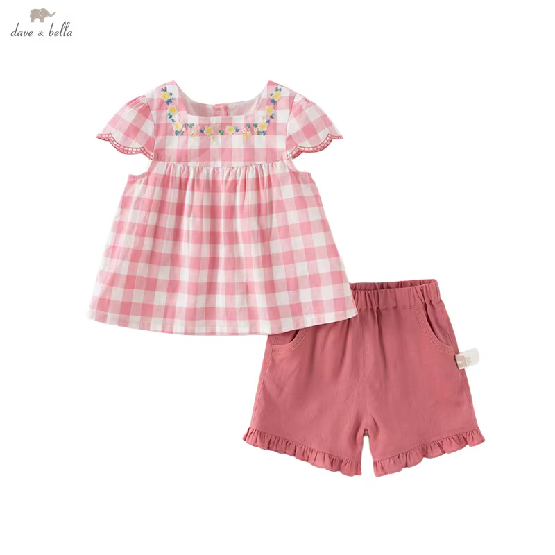 Dave Bella Children Sweet Cute Thin Pink White Plaid Suit Girls' Baby Summer Casual Cotton Top Two-Piece Outdoor Party DB2251874
