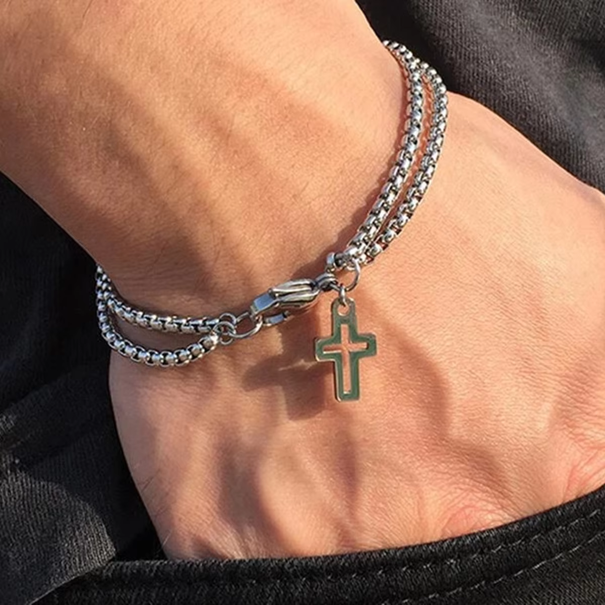 Herrenmode Doppelkette Kreuz Hohl Handgelenk Armband Hummer Klaue Schnalle Edelstahl Armband Hip Hop Punk Party Schmuck