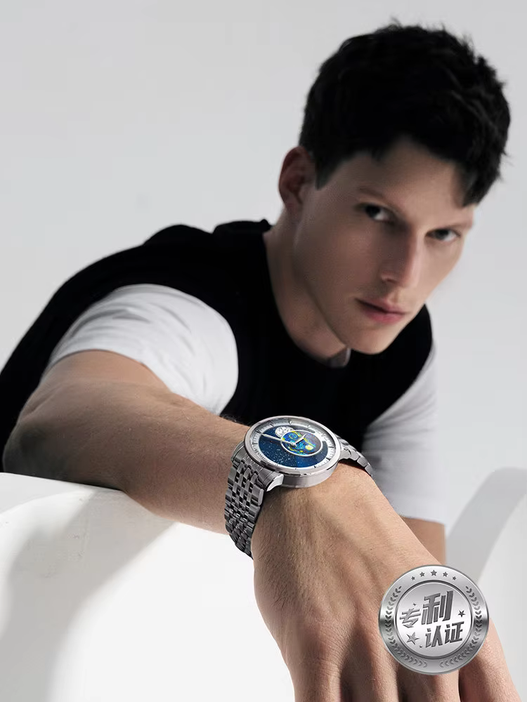 AILER AGELOCER Original Astronomer Mechanical Watch Men's Steel Belt Moon Phase Watch for Boyfriend's Birthday Gift