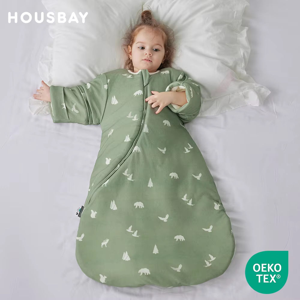 0-24 Months Baby Sleeping Bag With Removable Sleeves Anti-Kick Blanket Wearable Baby Sleepsacks Beige Printed For Girls Boys
