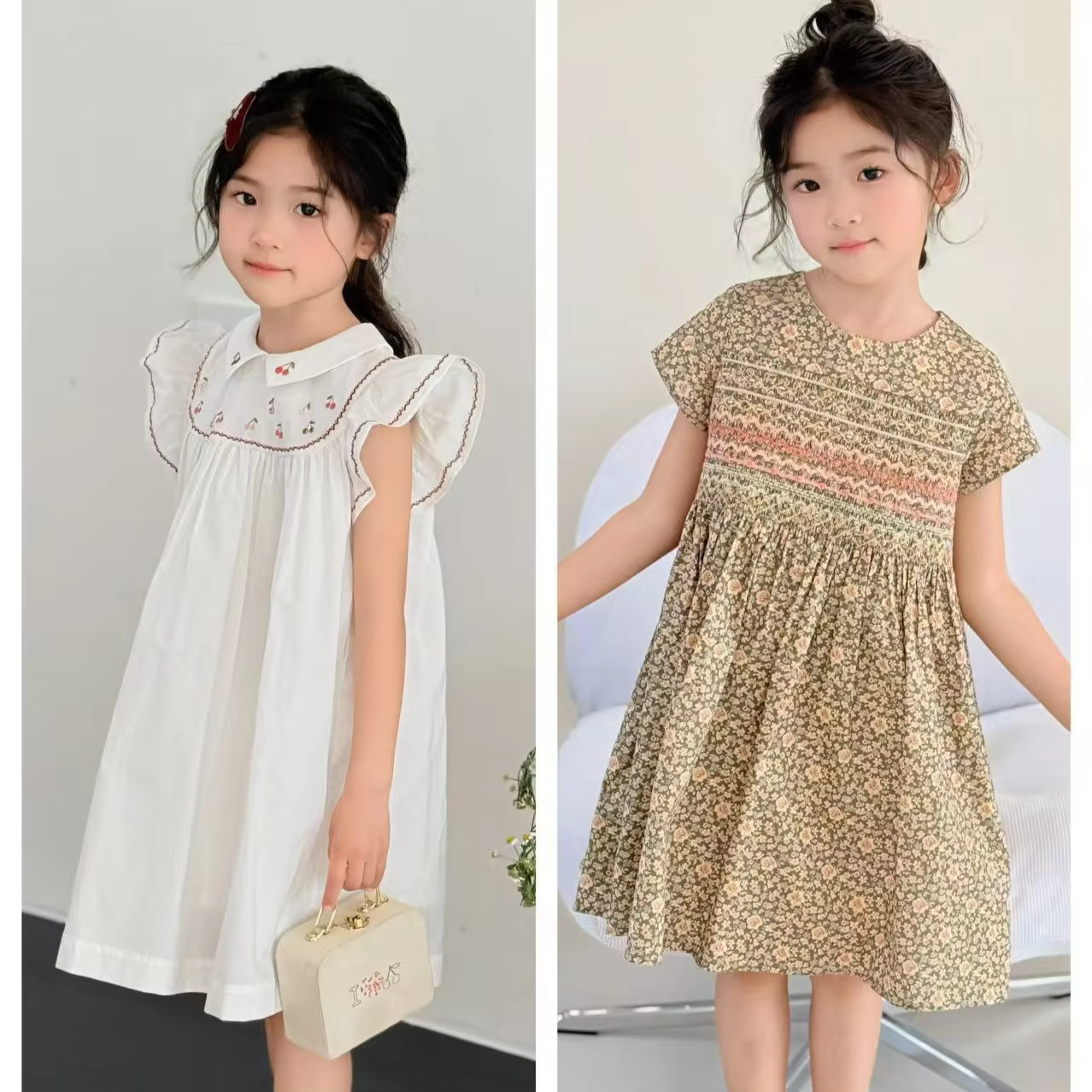 Girls' Dress 26 Summer New White Floral Fashion Temperament Children's Dress Cotton Sweet And Lovely Cherry Girl Princess Dress