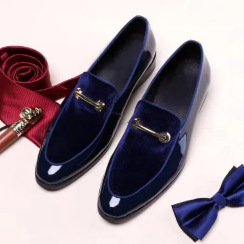 Mens Formal Navy Blue Velvet Patent Leather Loafers With Gold Horsebit Accent Flat Heel Comfortable Non Slip Breathable Business
