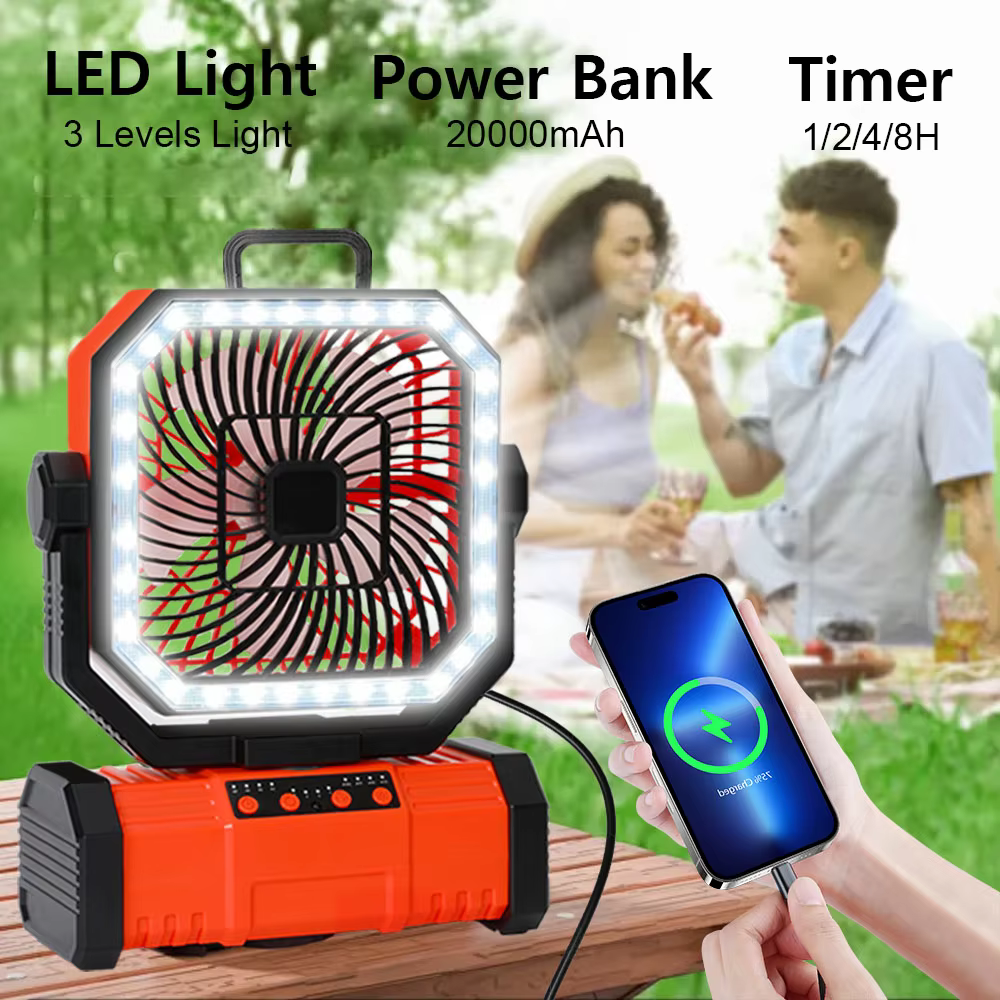 Outdoor Camping Fan 20000mAh Rechargeable Fan  with LED Lantern & Remote for Fishing Travel, 4 Speeds 8H Timer, Hanging Hook