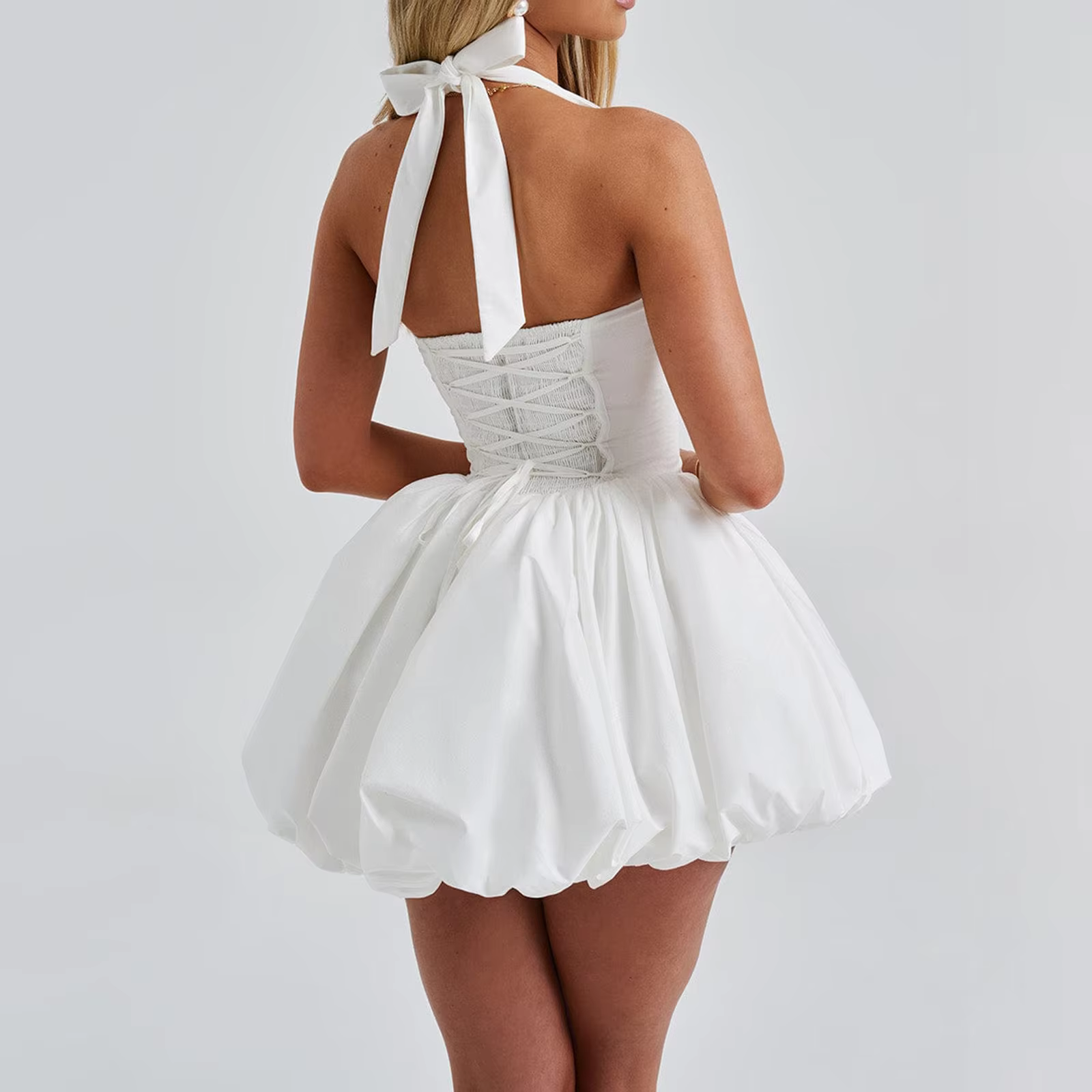 Women Summer Fashion Sexy Mini Tank Dress Sleeveless Halter Neck Solid Tie Up A-line High Waist Party Clubwear Bubble Dress