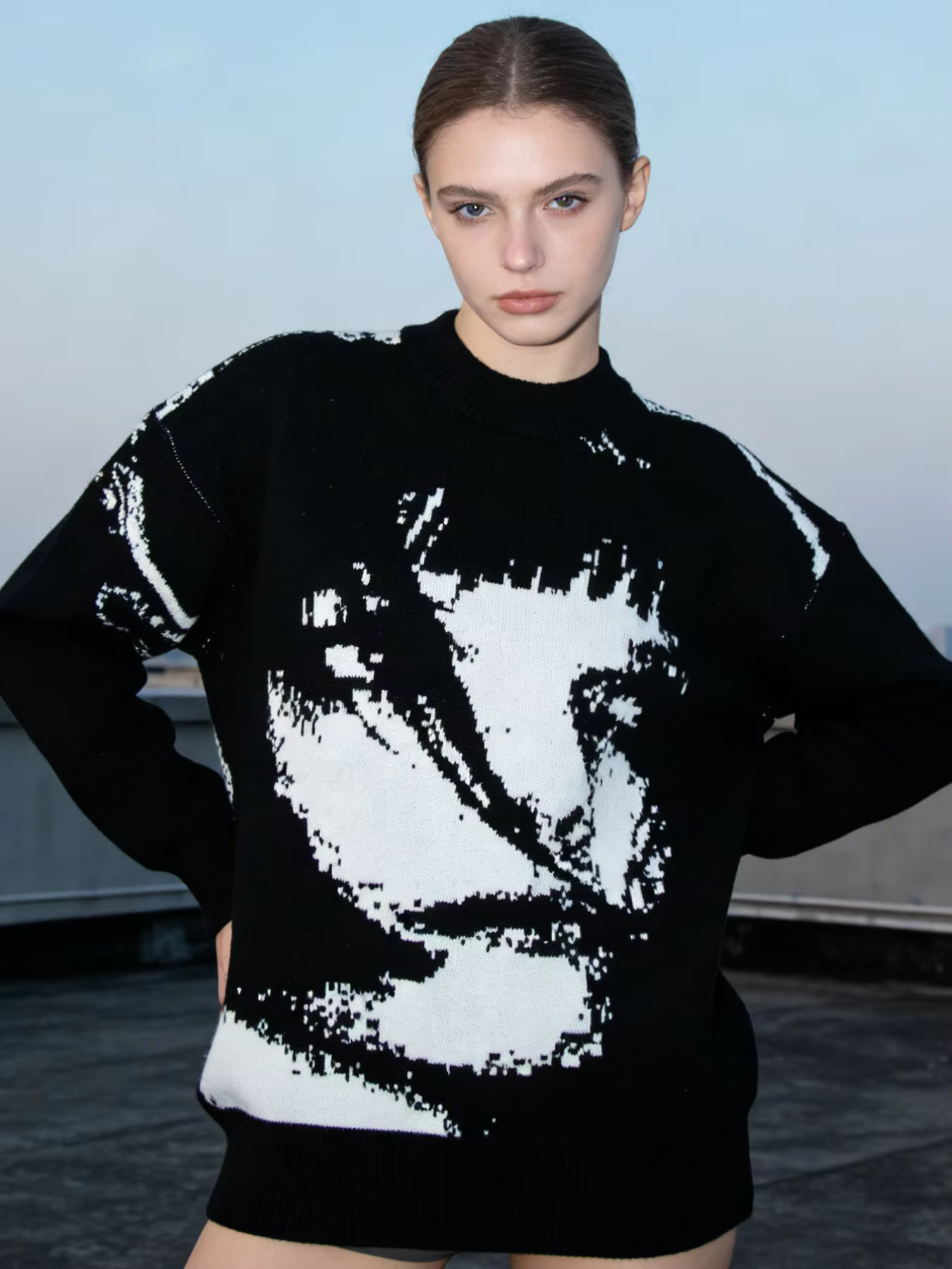 Black & White Portrait Crew Neck Knit Sweater Men's/Women's Streetwear Pullover Fashionable Graphic Crewneck Sweatshirt