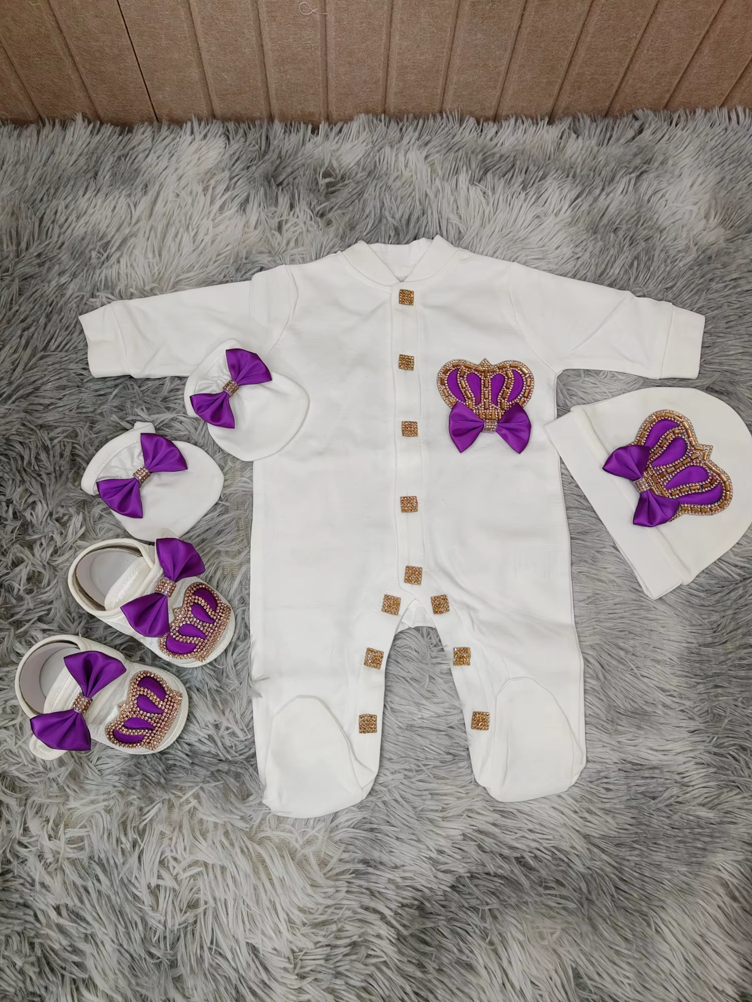 Royal Purple Satin Bow Rhinestone Crown Baby Footed Romper Newborn 0-9 Months 4Pcs White Baptism Gift