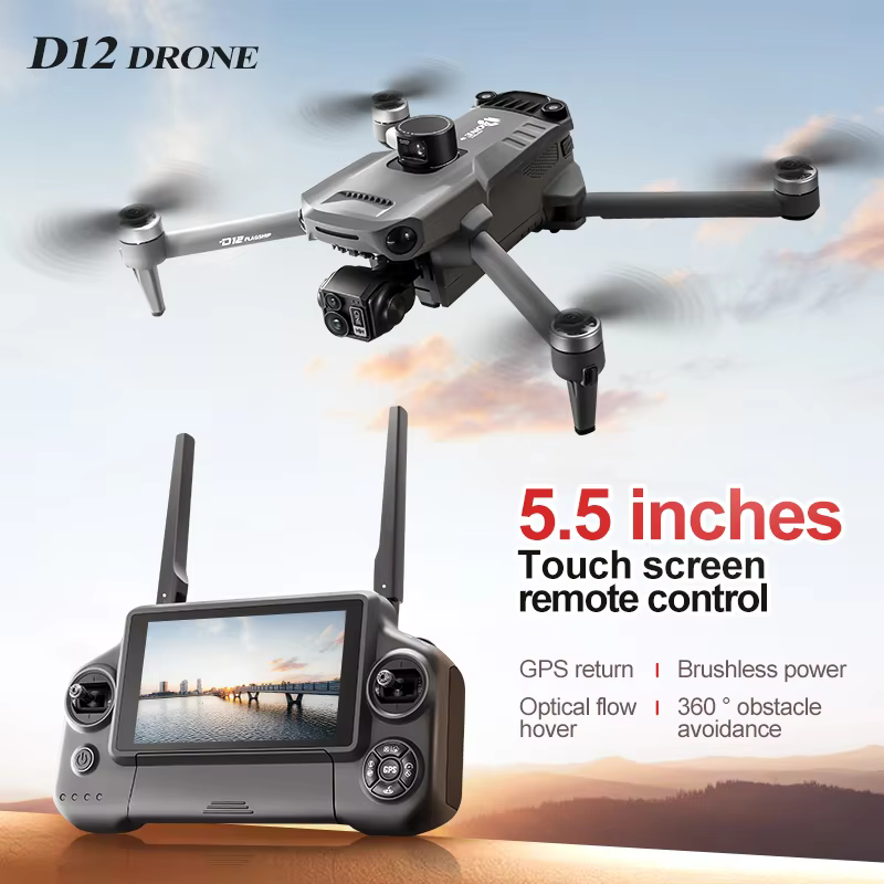 New D12 GPS Drone 3-Axis Gimbal With Touch panel Professional 8K HD Camera FPV Obstacle avodance Brushless Drone a play for adult