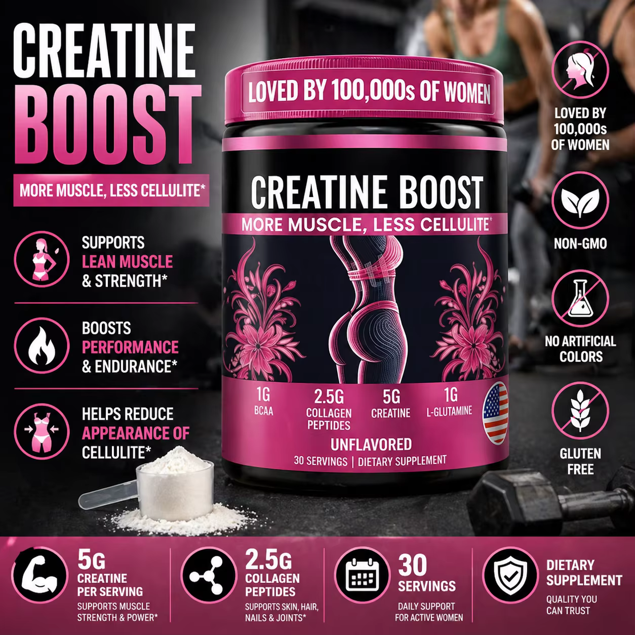 Muscle Development Post-Workout Recovery Elasticity Creatine for Women Booty Builder Supplement with Collagen & BCAA Supports