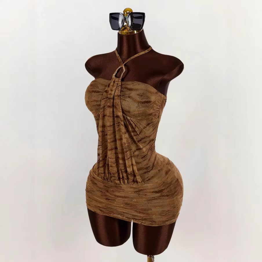 American Personalized Fashion Retro Short Hip Skirt Niche Sexy Backless Sleeveless Design Halter Dress for Women Hot girl sexy