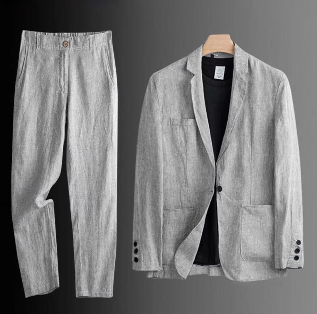 Men's Summer Suit 2 Piece Lightweight Linen Blazer Slim Fit Office Wedding Korean Style Breathable Casual Set Sun Protection