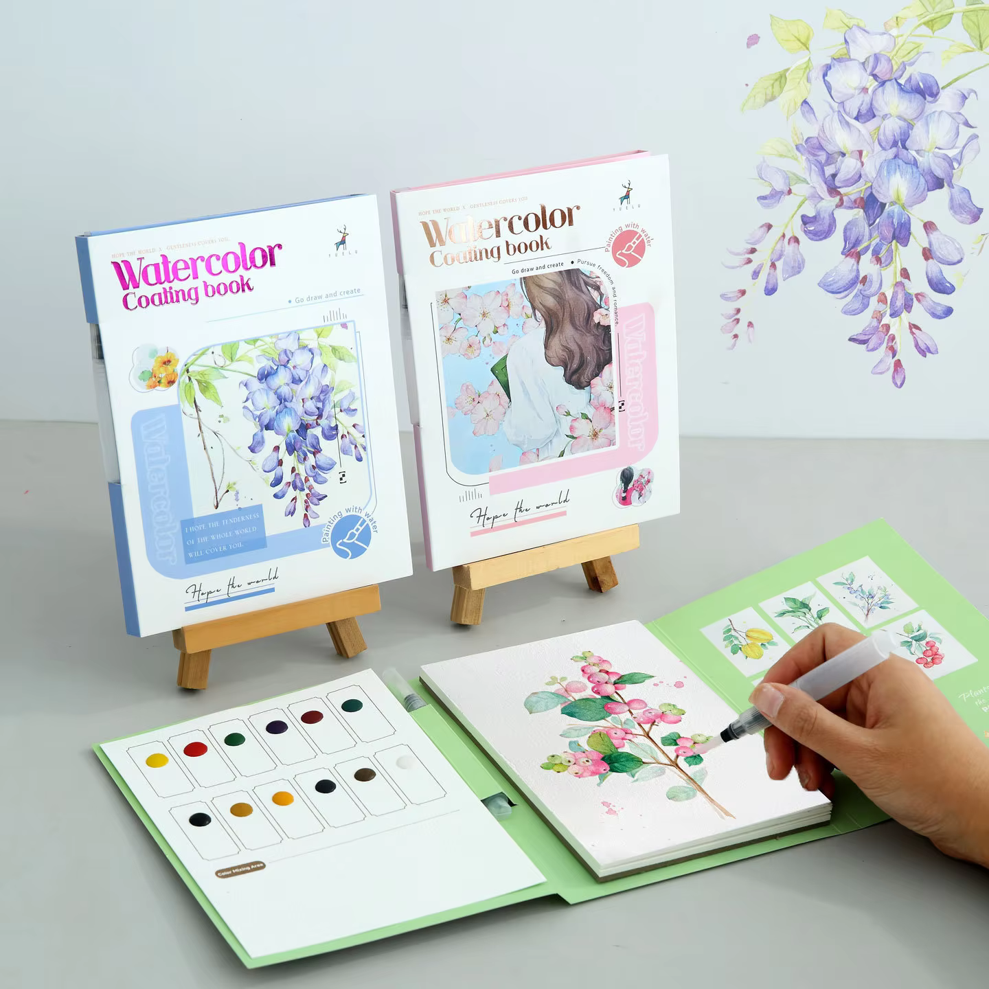 Adult Watercolor Painting Book, 3-Fold Layout with Included Pigments, Relaxing DIY Coloring Pages, Portable Hand-Painted Art