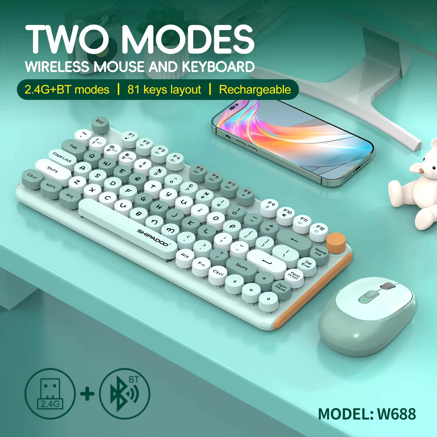 2.4G Wireless Keyboard&Mouse Combo,Cute Colorful 81Round Keycap Keyboard,2400 DPI Bluetooth Rechargeable Set For Computer Laptop