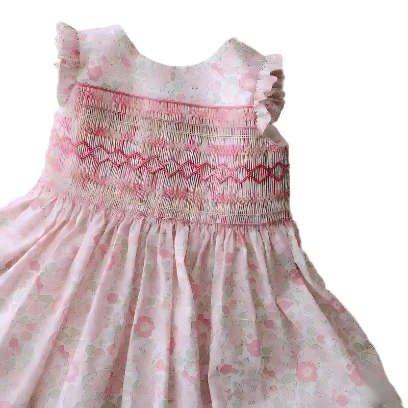 0-12Y Baby Girl Summer Pink Floral Handmade Embroidery Smocked Dress for Birthday Photography Holiday Eid A255