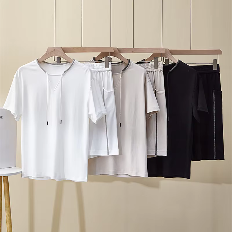 25 Spring/Summer New Women's Short-sleeved Suit Fashionable Versatile Bead Chain Cotton Shorts Two-piece Set