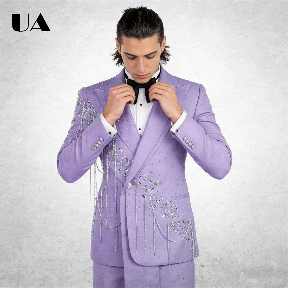 Lilac Wedding Suit for Groom, Rhinestones Tassels 2-Piece Suit Set, XXS-7XL Big & Tall Man Suit Attire Slim Fitting Tuxedo