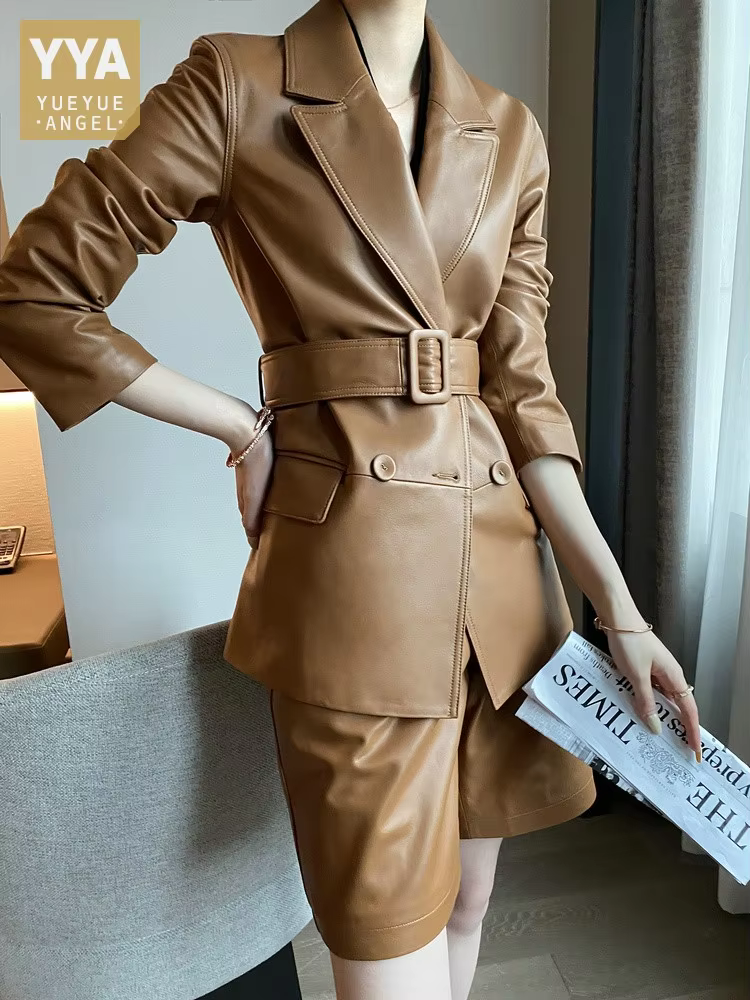 Luxury Women Double Breasted Belt Blazer Coat Straight Shorts Two Piece Set OL Suit Real Sheepskin Genuine Leather Matching Sets