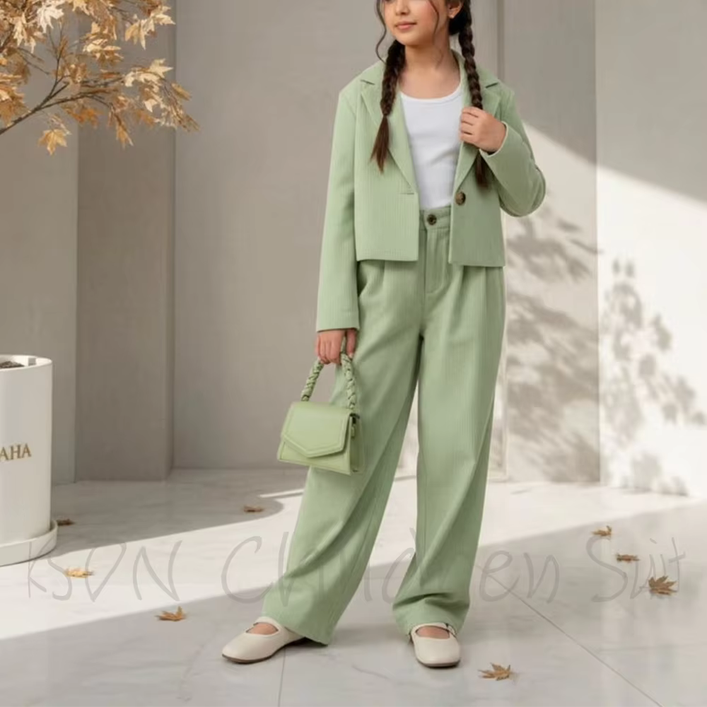 Stylish Girl's Suits Light Green Fashion Notched Lapel Single Button Casual Children Clothing Two Pieces Jacket With Pants