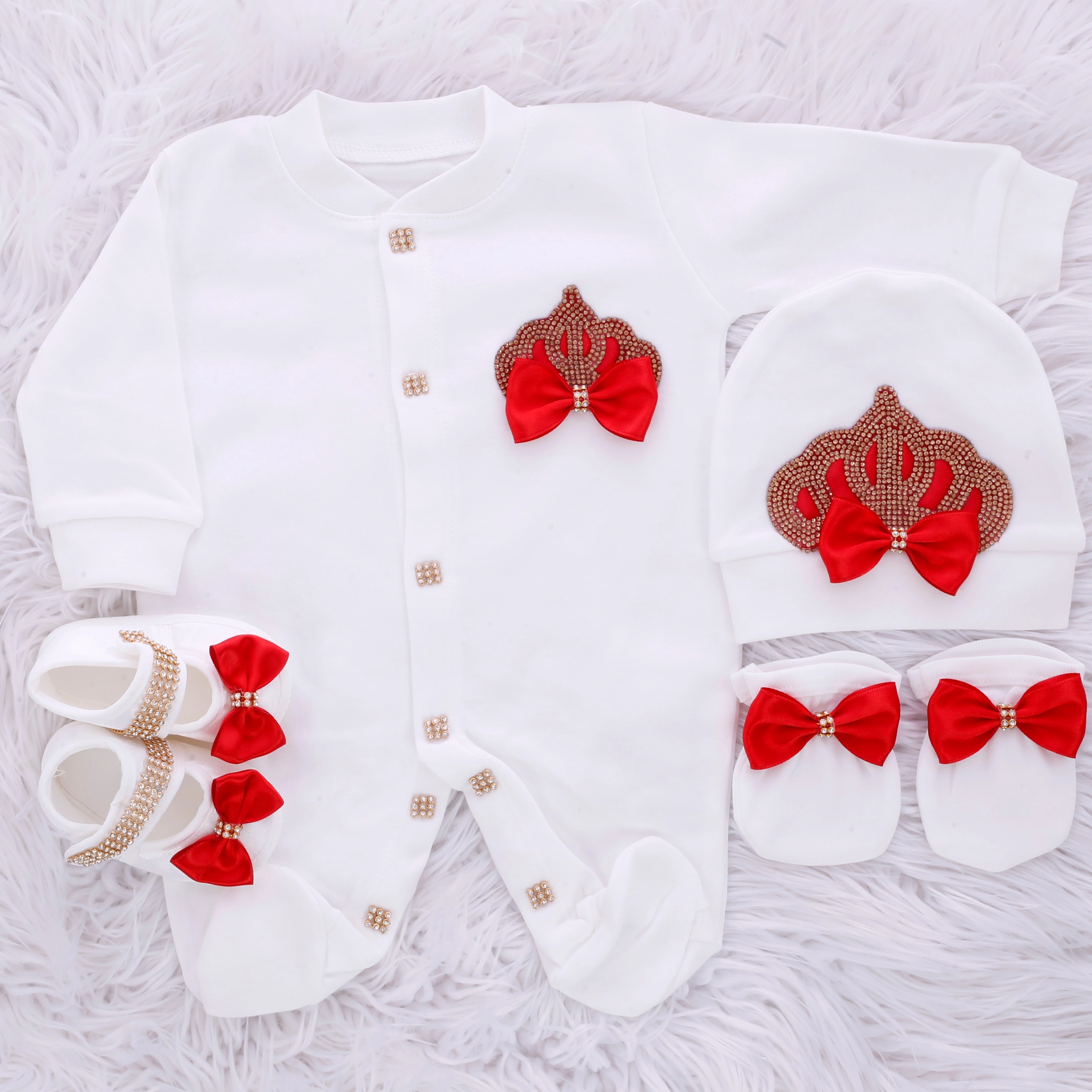 Newborn Baby Footed Romper 0-9 Months 4Pcs Off White Bright Red Gold Rhinestone Crown Bow Long Sleeve Jumpsuit Royal Boutique