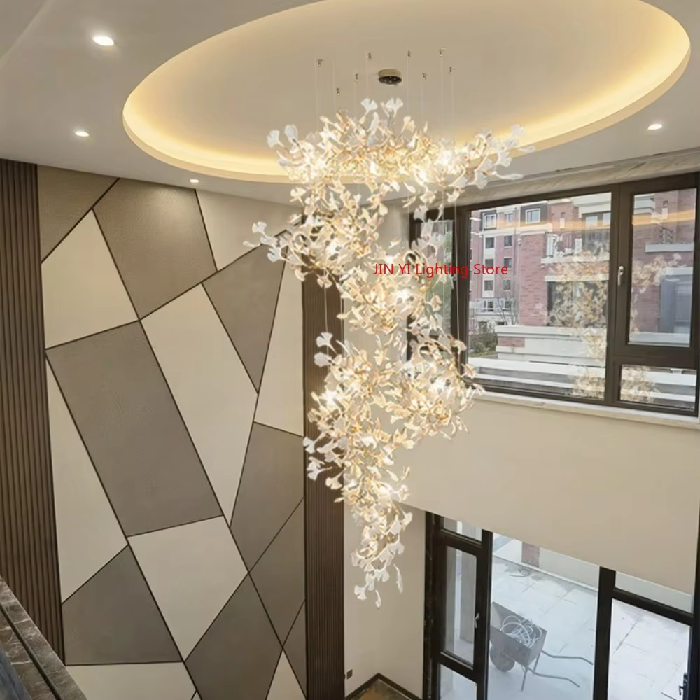 Double Layered Ginkgo Ceramics Leaf Lamps for Luxury Villas Hotels with Large Chandeliers  Staircase Lights in Duplex Buildings