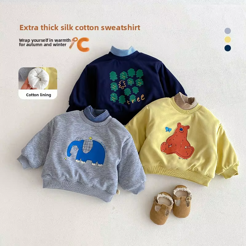 Children's Cartoon Hoodie 2025 New Winter Boys' Korean Version Half High Collar Thick Hoodie Baby Winter Top