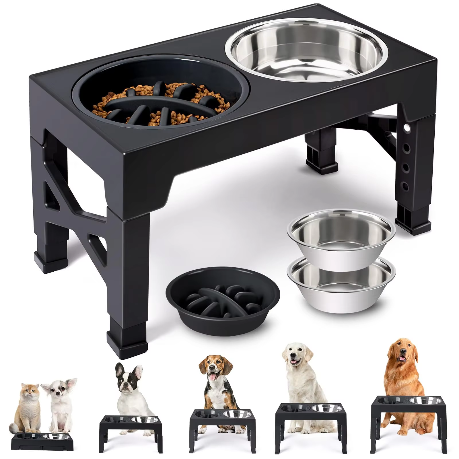 Tigelas elevadas para alimentação de cães, suporte elevado ajustável com tigelas duplas de água para alimentos em aço inoxidável, cães pequenos, médios e grandes