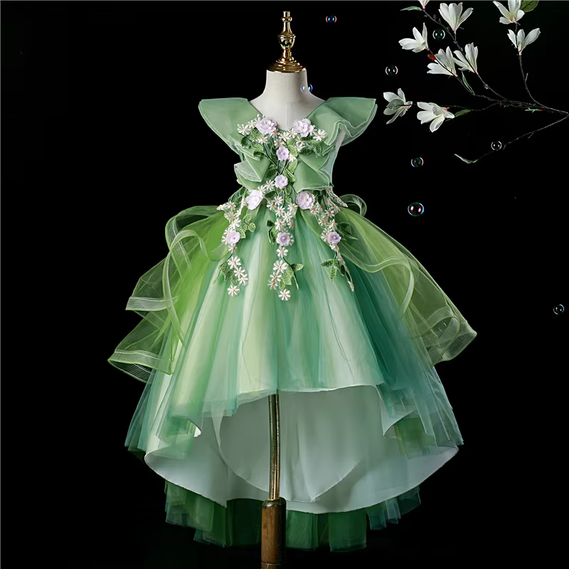 Gorgeous Green Girls Princess Dress Flowers Applique Ruffles Mesh Formal Party Dress Irregular Girls Ball Gown