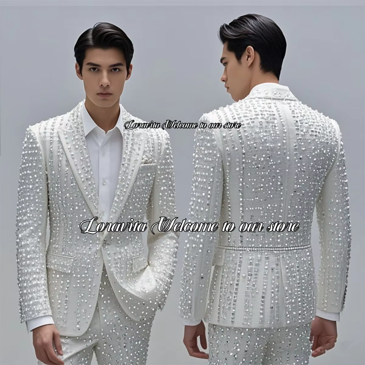 Sparkly Beaded Men Customized Suits Luxury Peaked Lapel Wedding Groom Tuxedos 2 Pieces Sets Male Prom Blazers trajes para hombre