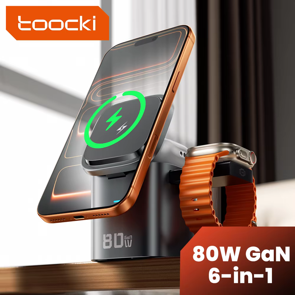Toocki 80W 6-in-1 GaN Charging Station for Magsafe 15W PD 65W Retractable 60W Cable Wireless Charger for Macbook iPhone 17 16