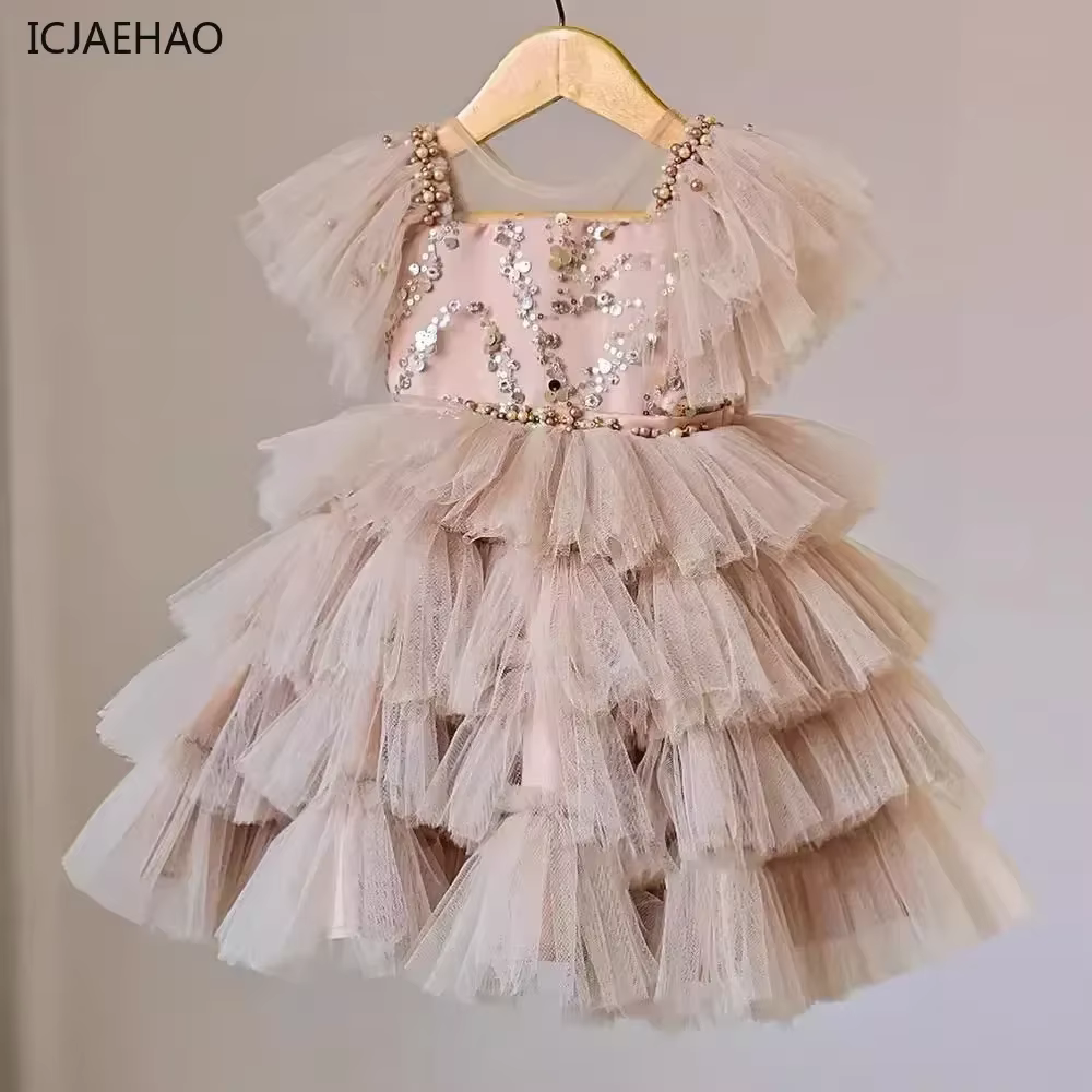 2025 Trendy Girls' Princess Dresses Gown Sparkling Sequined Sleeveless Layered Tulle Special Events Dress with Charming Bow for
