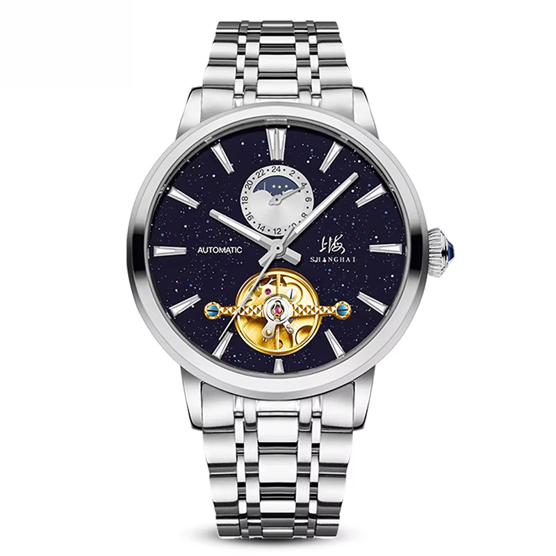 Shanghai Watch Men's National Series Exposed Pendulum Sand Gold Stone Steel Belt Mechanical Watch 6009